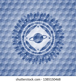 planet, saturn icon inside blue emblem with geometric pattern background.