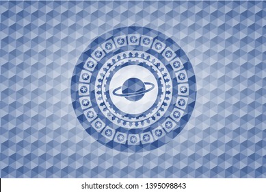 planet, saturn icon inside blue emblem with geometric pattern background.