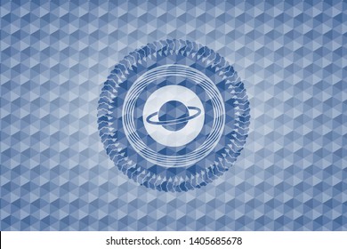 planet, saturn icon inside blue badge with geometric pattern background.