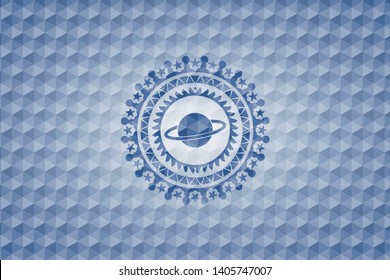 planet, saturn icon inside blue hexagon badge.