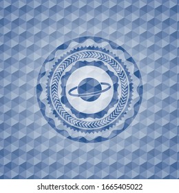 planet, saturn icon inside blue emblem.