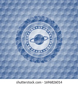 planet, saturn icon inside blue emblem with geometric background.