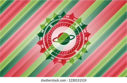 planet, saturn icon inside christmas colors badge.