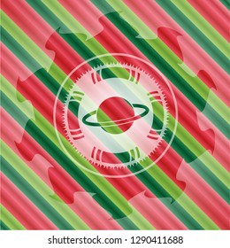 planet, saturn icon inside christmas emblem background.