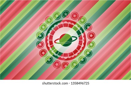 planet, saturn icon inside christmas colors style badge.