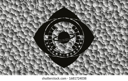 Planeta, icono de saturn dentro de icono oscuro o emblema con fondo de burbujas. Ilustración vectorial. Detallado.