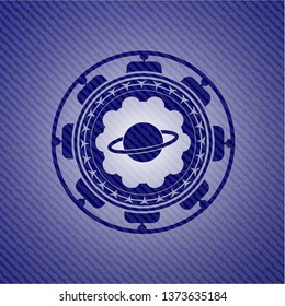 planet, saturn icon inside emblem with jean texture