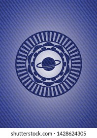 planet, saturn icon inside emblem with jean texture