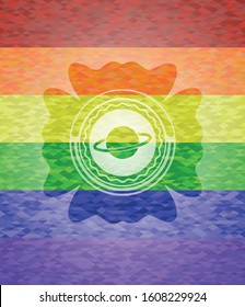 planet, saturn icon inside emblem on mosaic background with the colors of the LGBT flag