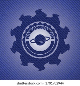 planet, saturn icon inside emblem with denim high quality background