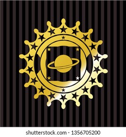 planet, saturn icon inside gold badge or emblem