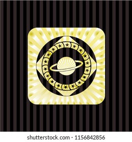 planet, saturn icon inside golden emblem or badge