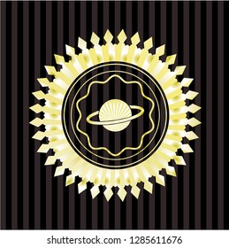 planet, saturn icon inside golden emblem or badge