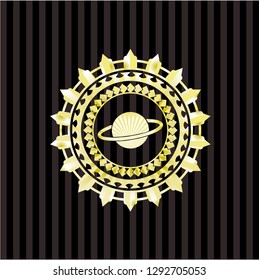 planet, saturn icon inside golden emblem or badge