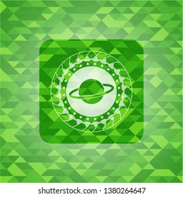 planet, saturn icon inside green emblem with triangle mosaic background
