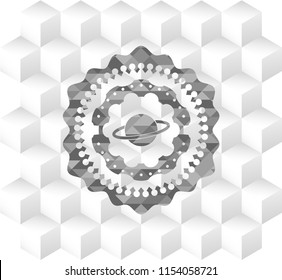 planet, saturn icon inside grey badge with geometric cube white background
