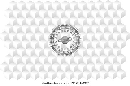 planet, saturn icon inside grey icon or emblem with geometric cube white background
