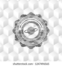 planet, saturn icon inside grey emblem with cube white background
