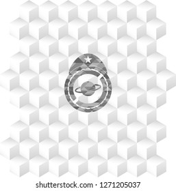 planet, saturn icon inside grey badge with geometric cube white background