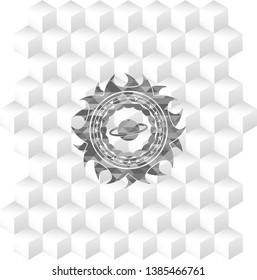 planet, saturn icon inside grey emblem with cube white background