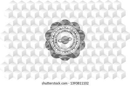 planet, saturn icon inside grey emblem. Vintage with geometric cube white background