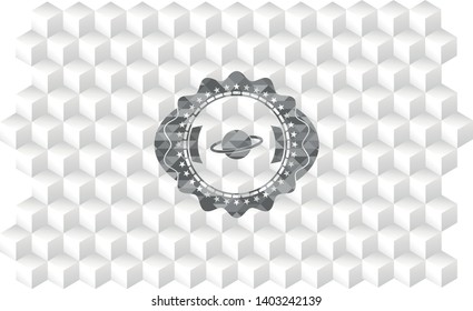 planet, saturn icon inside grey emblem with geometric cube white background