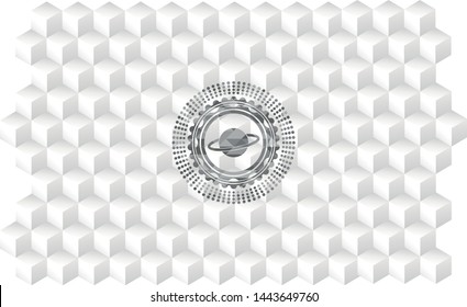 planet, saturn icon inside grey emblem. Retro with geometric cube white background