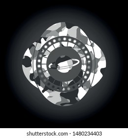 planet, saturn icon inside grey camouflage texture