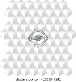 planet, saturn icon inside grey emblem with geometric cube white background