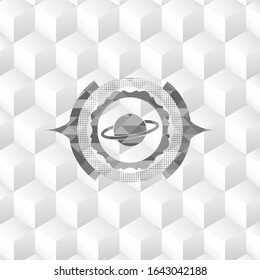 planet, saturn icon inside grey icon or emblem with geometric cube white background