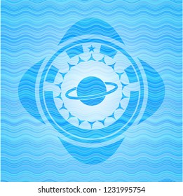 planet, saturn icon inside light blue water wave emblem.