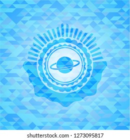 planet, saturn icon inside light blue emblem with mosaic background