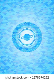 planet, saturn icon inside light blue emblem. Mosaic background