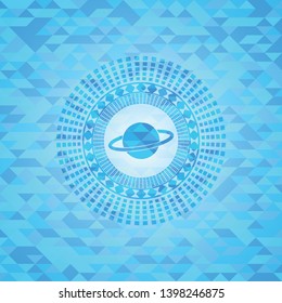 planet, saturn icon inside light blue emblem. Mosaic background