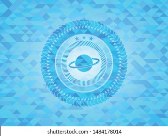 planet, saturn icon inside light blue emblem with mosaic ecological style background