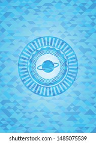 planet, saturn icon inside light blue emblem with mosaic background