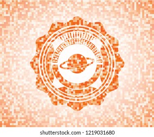planet, saturn icon inside orange mosaic emblem with background