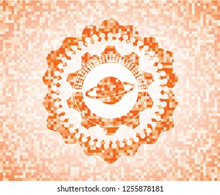 planet, saturn icon inside orange mosaic emblem