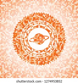 planet, saturn icon inside orange mosaic emblem