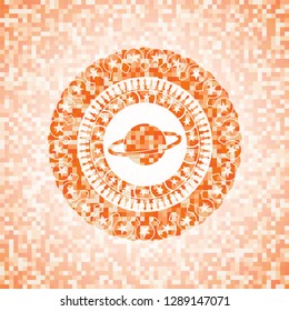 planet, saturn icon inside orange mosaic emblem with background