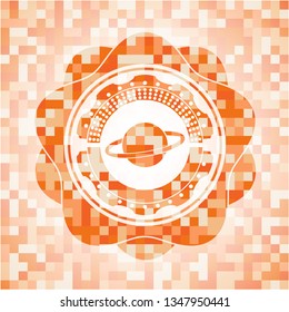 planet, saturn icon inside orange mosaic emblem