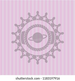 planet, saturn icon inside pink emblem