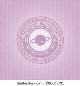 planet, saturn icon inside pink emblem. Retro