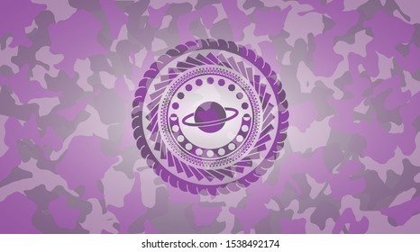 planet, saturn icon inside pink and purple camo texture
