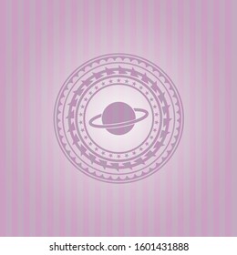 planet, saturn icon inside pink emblem. Retro