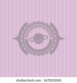 planet, saturn icon inside pink emblem