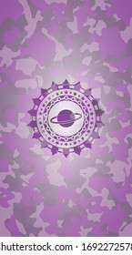 planet, saturn icon inside pink and purple camouflage emblem