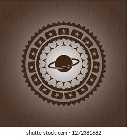 planet, saturn icon inside realistic wooden emblem