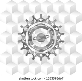 planet, saturn icon inside realistic grey emblem with geometric cube white background