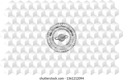 planet, saturn icon inside realistic grey emblem with cube white background